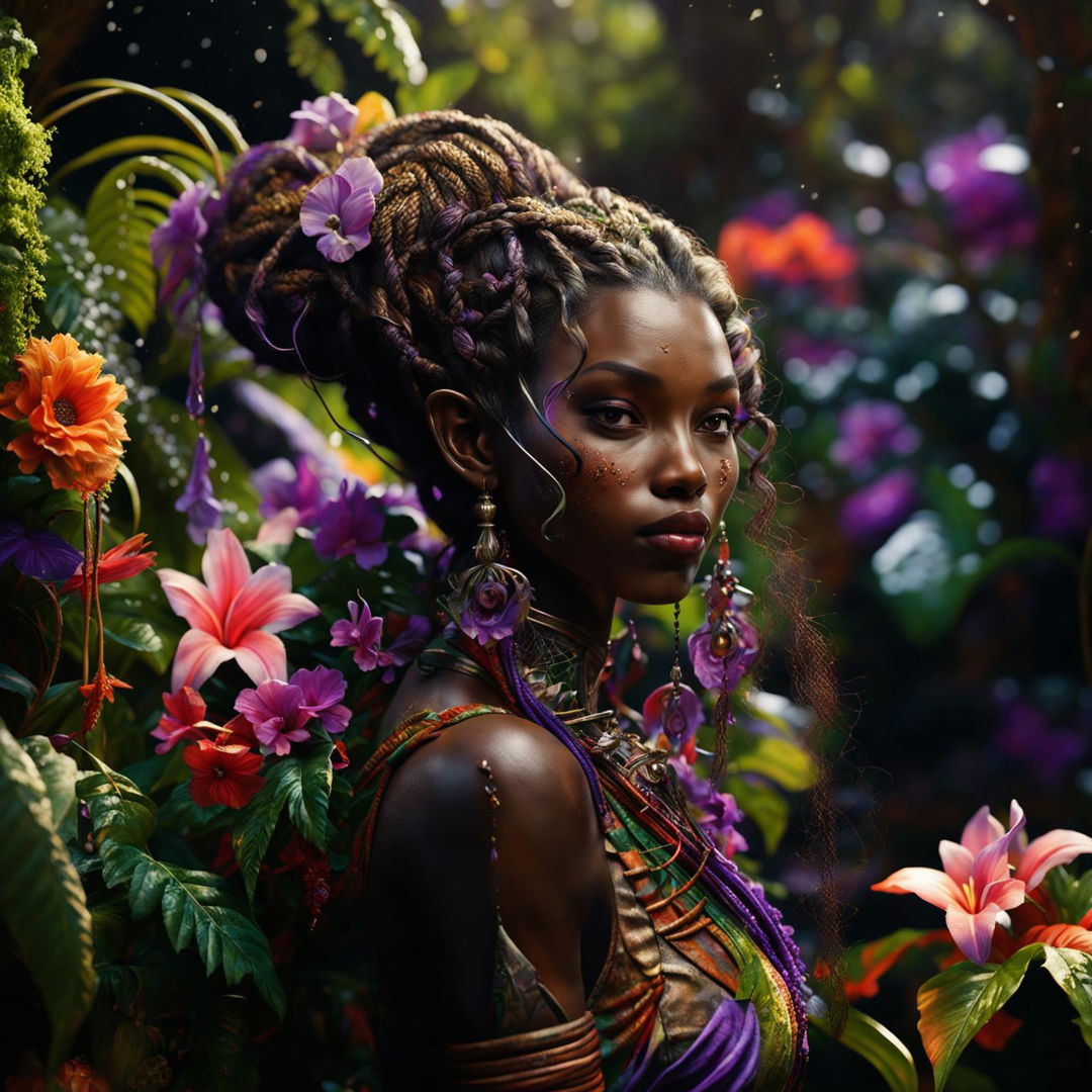 Hyper-realistic 3D image of a zoomed-out view of a different, more beautiful African elf woman with braids in a rococo outfit, standing in a vibrant, magical African jungle. Her face is intricately detailed, and the image is shot with immaculate composition and lighting.