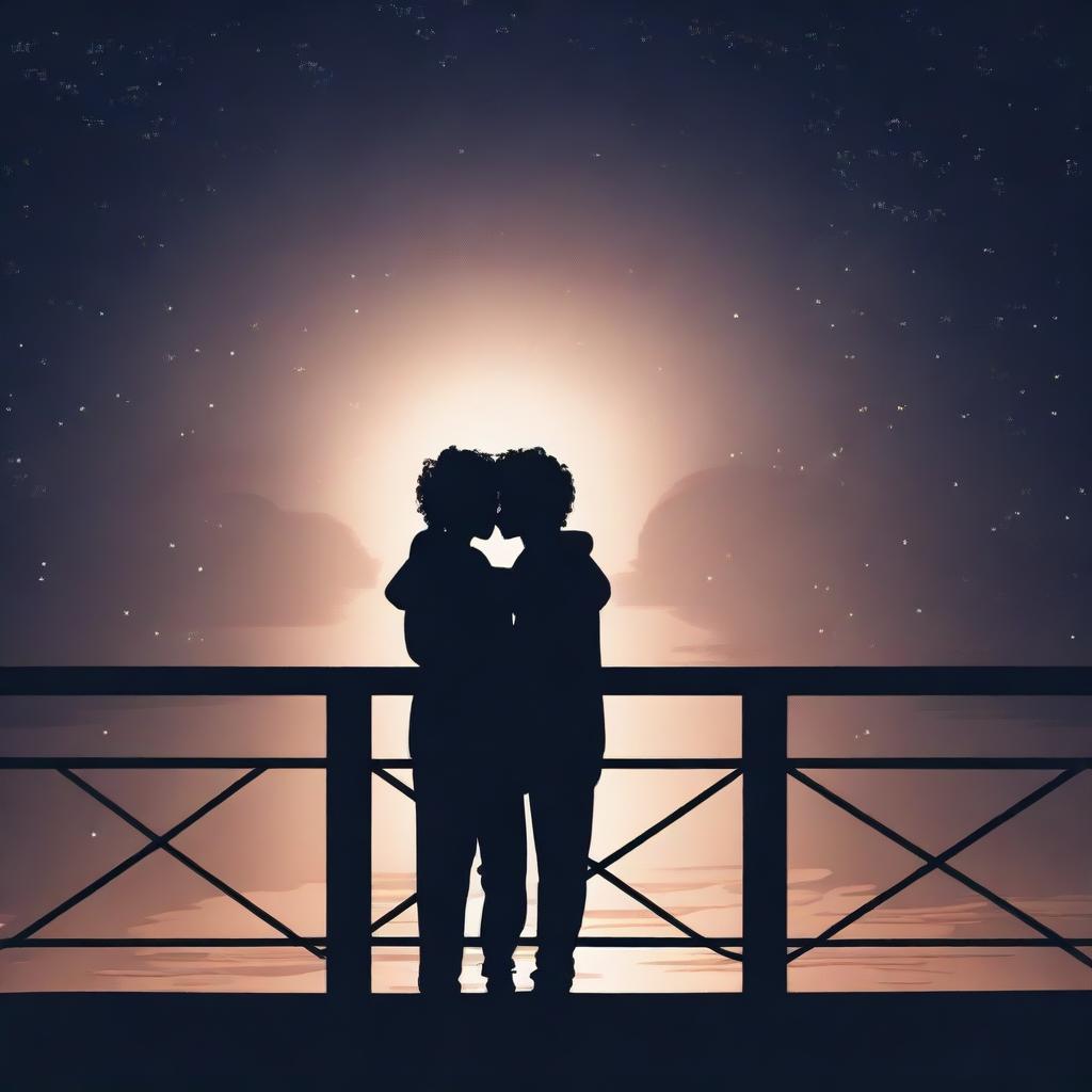 The silhouette of two boys hugging and kissing on a bridge in the darkness of the night, their curly hair visible