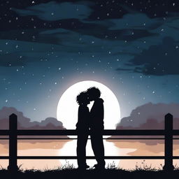 The silhouette of two boys hugging and kissing on a bridge in the darkness of the night, their curly hair visible