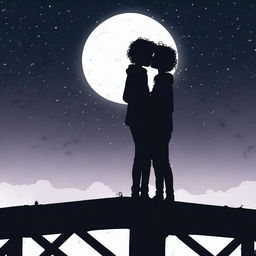 The silhouette of two boys hugging and kissing on a bridge in the darkness of the night, their curly hair visible