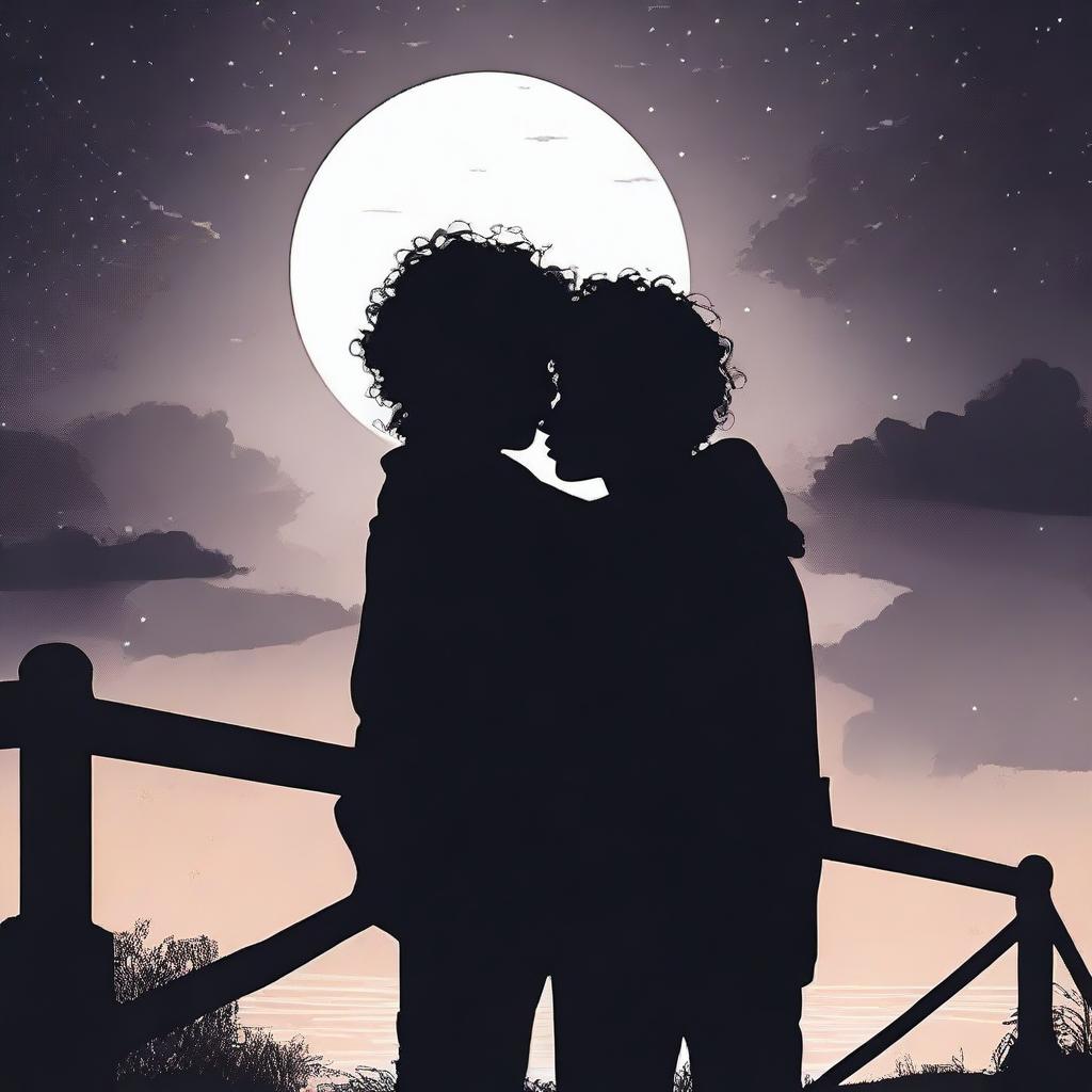The silhouette of two boys hugging and kissing on a bridge in the darkness of the night, their curly hair visible