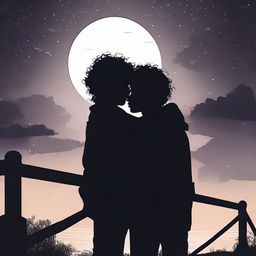 The silhouette of two boys hugging and kissing on a bridge in the darkness of the night, their curly hair visible