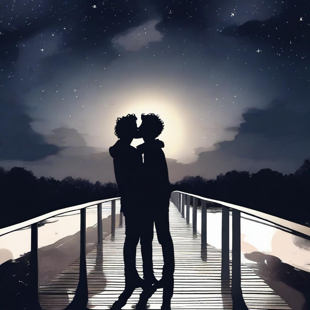 The silhouette of two young men hugging and kissing on a bridge in the darkness of the night, with wavy hair