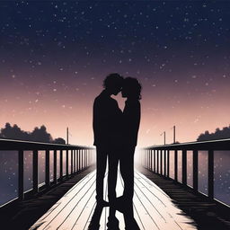 The silhouette of two young men hugging and kissing on a bridge in the darkness of the night, with wavy hair