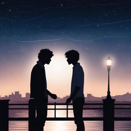 The silhouette of two young men hugging and kissing on a bridge in the darkness of the night, with wavy hair