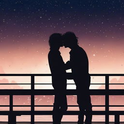 The silhouette of two young men hugging and kissing on a bridge in the darkness of the night, with wavy hair