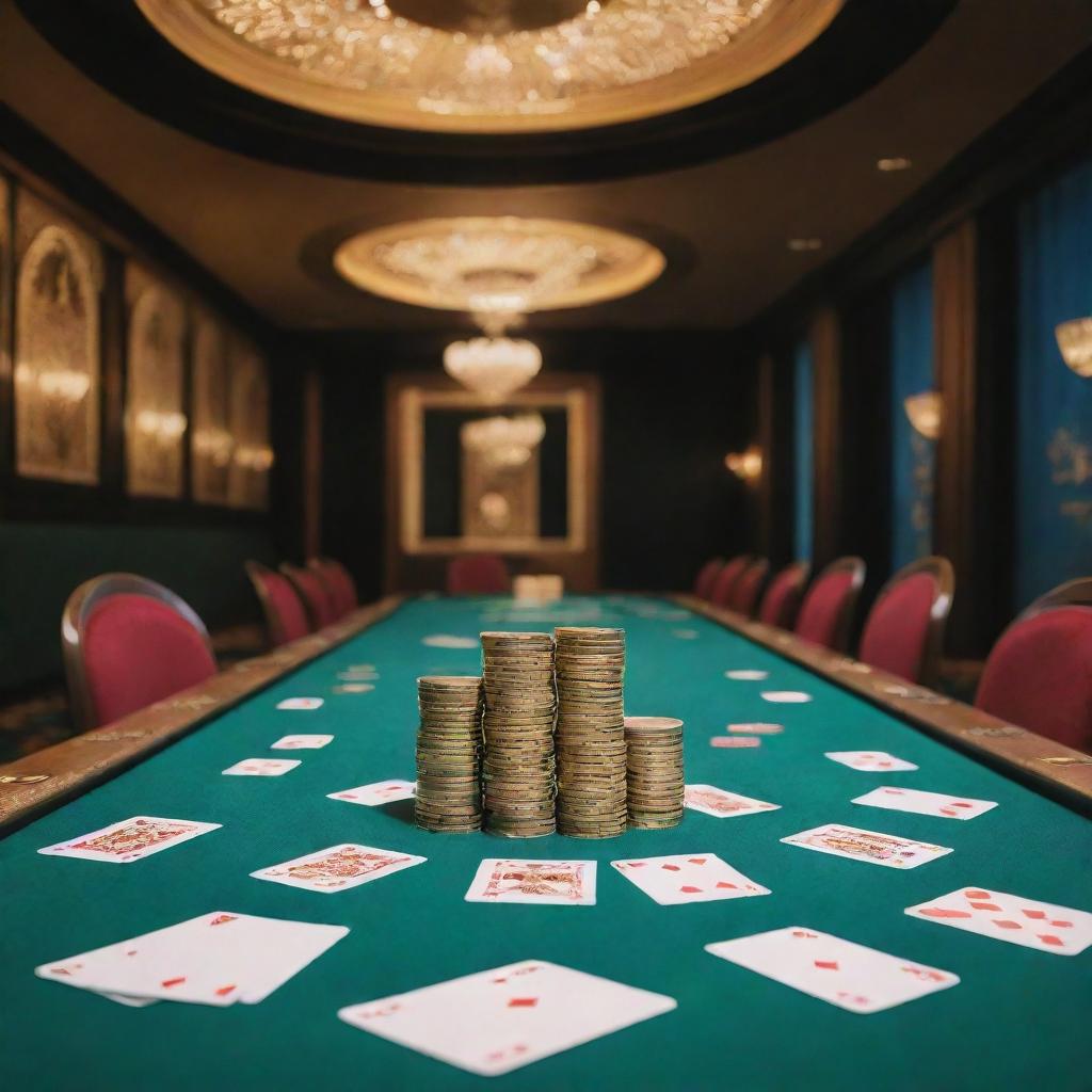 Interior of a luxurious casino with vibrant playing cards scattered on a green table and shining gold coins everywhere