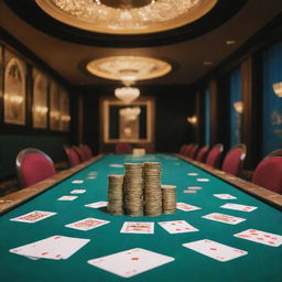 Interior of a luxurious casino with vibrant playing cards scattered on a green table and shining gold coins everywhere