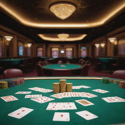 Interior of a luxurious casino with vibrant playing cards scattered on a green table and shining gold coins everywhere