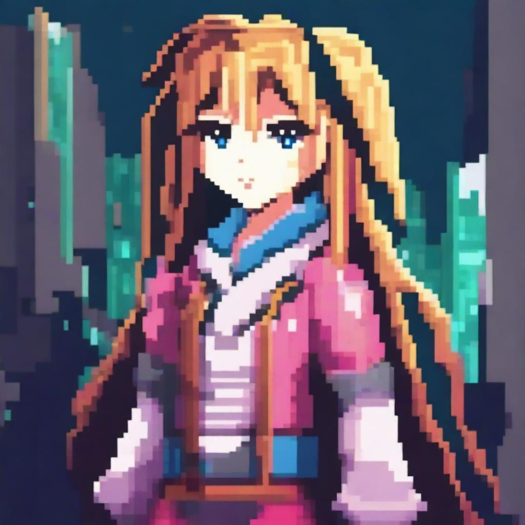 A vibrant and detailed anime character depicted in pixel art style