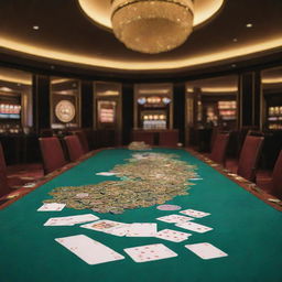 Interior of a luxurious casino with vibrant playing cards scattered on a green table and shining gold coins everywhere