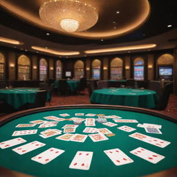 Interior of a luxurious casino with vibrant playing cards scattered on a green table and shining gold coins everywhere