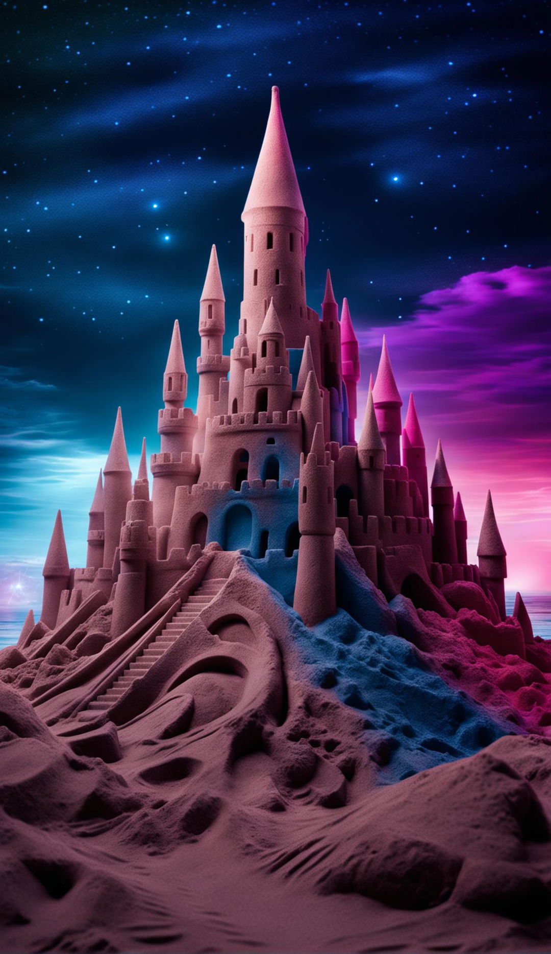 Cinematic photograph of psychedelic sand castles on a beach under an indigo starlit sky, with vibrant colors reflected in calm ocean waters.