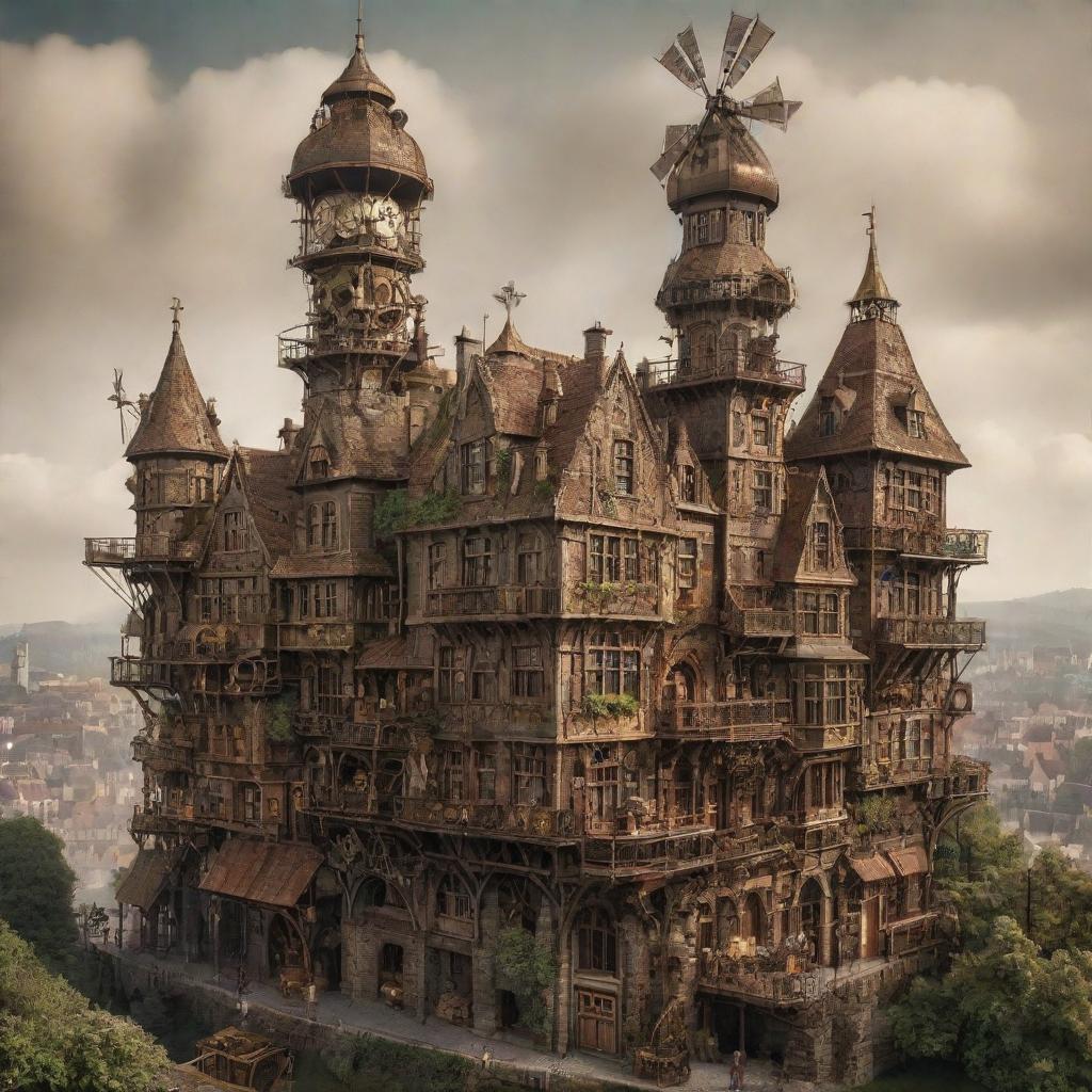 A steampunk interpretation of Belgium, showcasing Brussels interspersed with bronze-infused architectures, countryside landscapes dotted with clockwork windmills, and ancient castles subtly invaded by retro-futuristic machinery.