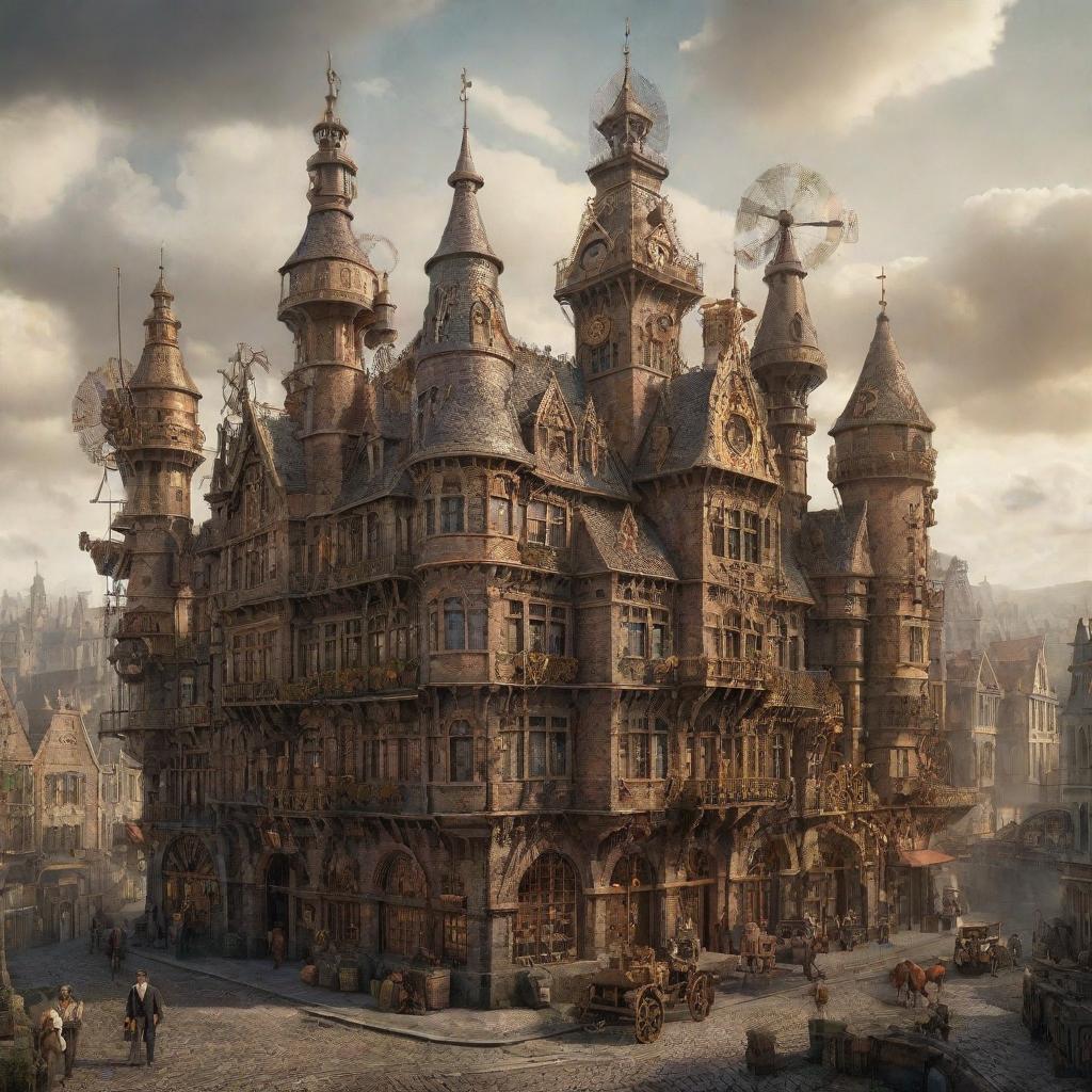 A steampunk interpretation of Belgium, showcasing Brussels interspersed with bronze-infused architectures, countryside landscapes dotted with clockwork windmills, and ancient castles subtly invaded by retro-futuristic machinery.