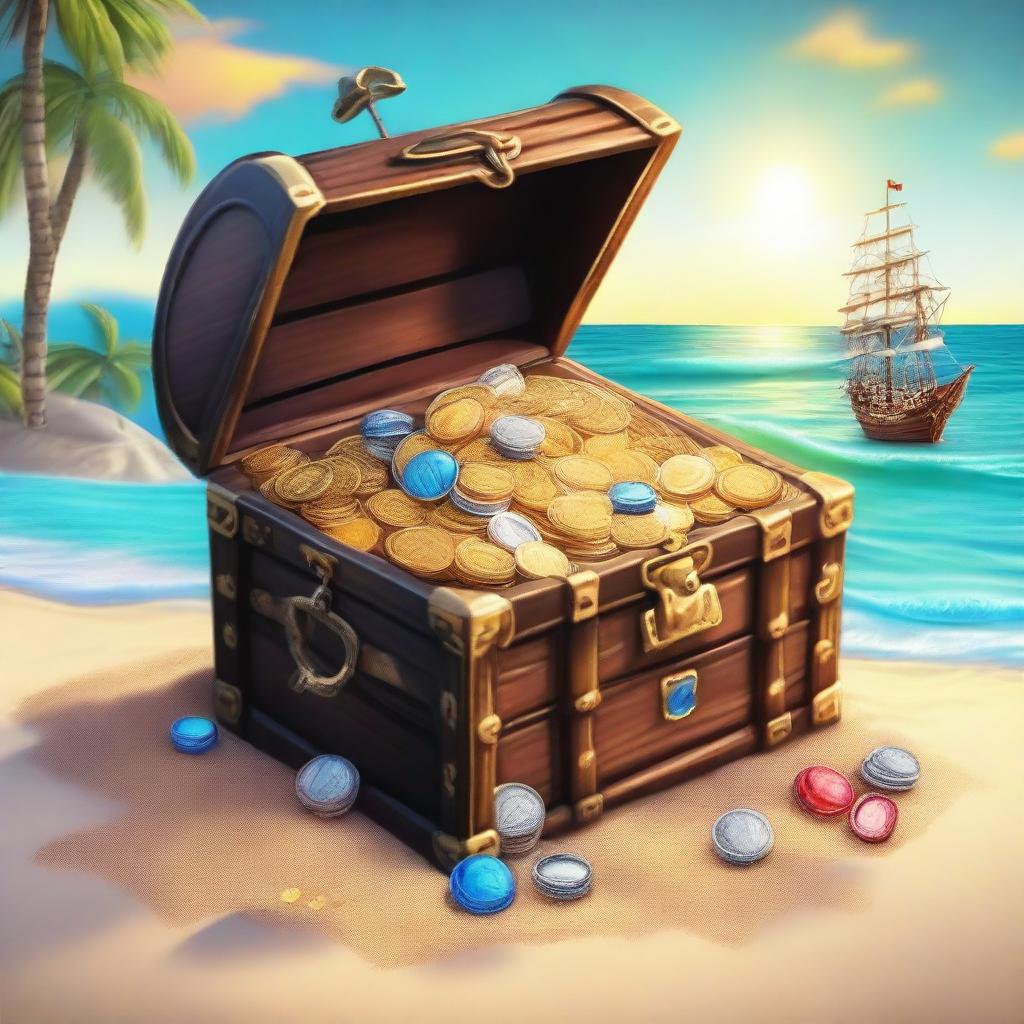 A detailed scene of an open pirate's treasure chest overflowing with gold coins, jewels, and various riches