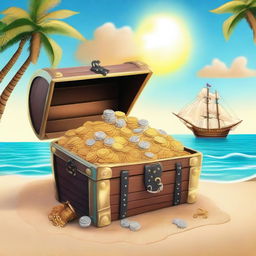 A detailed scene of an open pirate's treasure chest overflowing with gold coins, jewels, and various riches