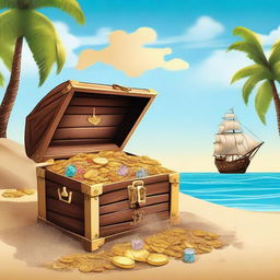 A detailed scene of an open pirate's treasure chest overflowing with gold coins, jewels, and various riches