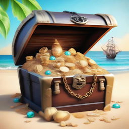 A detailed scene of an open pirate's treasure chest overflowing with gold coins, jewels, and various riches