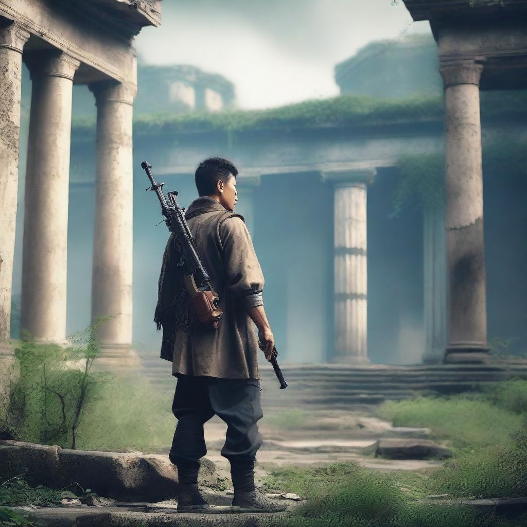 A Chinese man in an adventure outfit, holding guns, standing in an ancient ruin with his back facing the viewer