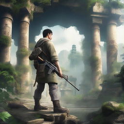 A Chinese man in an adventure outfit, holding guns, standing in an ancient ruin with his back facing the viewer