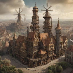 A steampunk interpretation of Belgium, showcasing Brussels interspersed with bronze-infused architectures, countryside landscapes dotted with clockwork windmills, and ancient castles subtly invaded by retro-futuristic machinery.