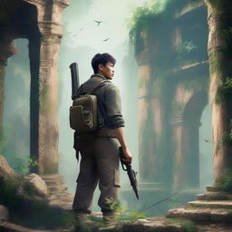 A Chinese man in an adventure outfit, holding guns, standing in an ancient ruin with his back facing the viewer