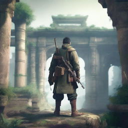 A Chinese man in an adventure outfit, holding guns, standing in an ancient ruin with his back facing the viewer