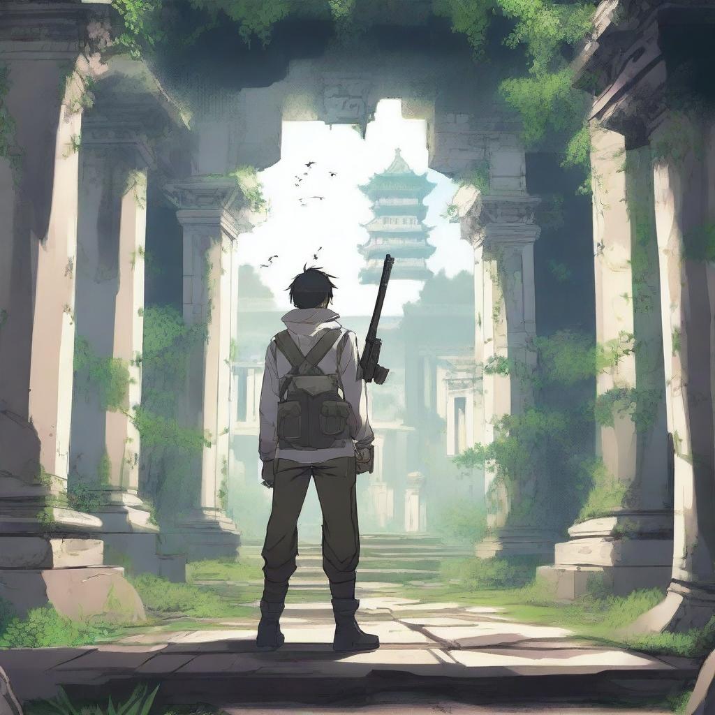 An anime-style Chinese man in an adventure outfit, holding guns, standing in an ancient ruin with his back facing the viewer