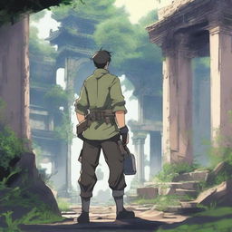 An anime-style Chinese man in an adventure outfit, holding guns, standing in an ancient ruin with his back facing the viewer