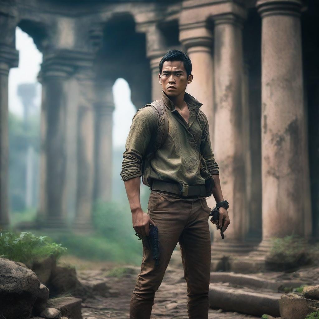 An Asian man who looks like Eddie Peng in an adventure outfit, holding guns, standing in an ancient ruin with his back facing the viewer