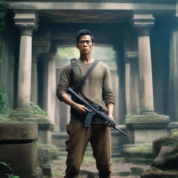 An Asian man who looks like Eddie Peng in an adventure outfit, holding guns, standing in an ancient ruin with his back facing the viewer