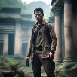 An Asian man who looks like Eddie Peng in an adventure outfit, holding guns, standing in an ancient ruin with his back facing the viewer