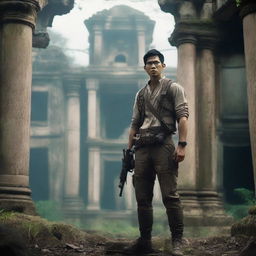 An Asian man who looks like Eddie Peng in an adventure outfit, holding guns, standing in an ancient ruin with his back facing the viewer