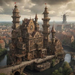 A steampunk interpretation of Belgium, showcasing Brussels interspersed with bronze-infused architectures, countryside landscapes dotted with clockwork windmills, and ancient castles subtly invaded by retro-futuristic machinery.