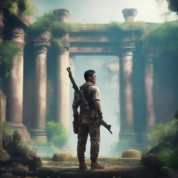 An Asian man in an adventure outfit, holding guns, standing in an ancient ruin with his back facing the viewer