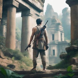 An Asian man in an adventure outfit, holding guns, standing in an ancient ruin with his back facing the viewer