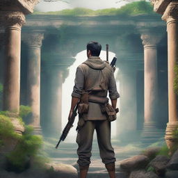 An Asian man in an adventure outfit, holding guns, standing in an ancient ruin with his back facing the viewer