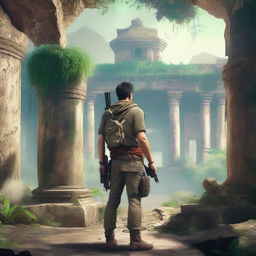 An Asian man in an adventure outfit, holding guns, standing in an ancient ruin with his back facing the viewer