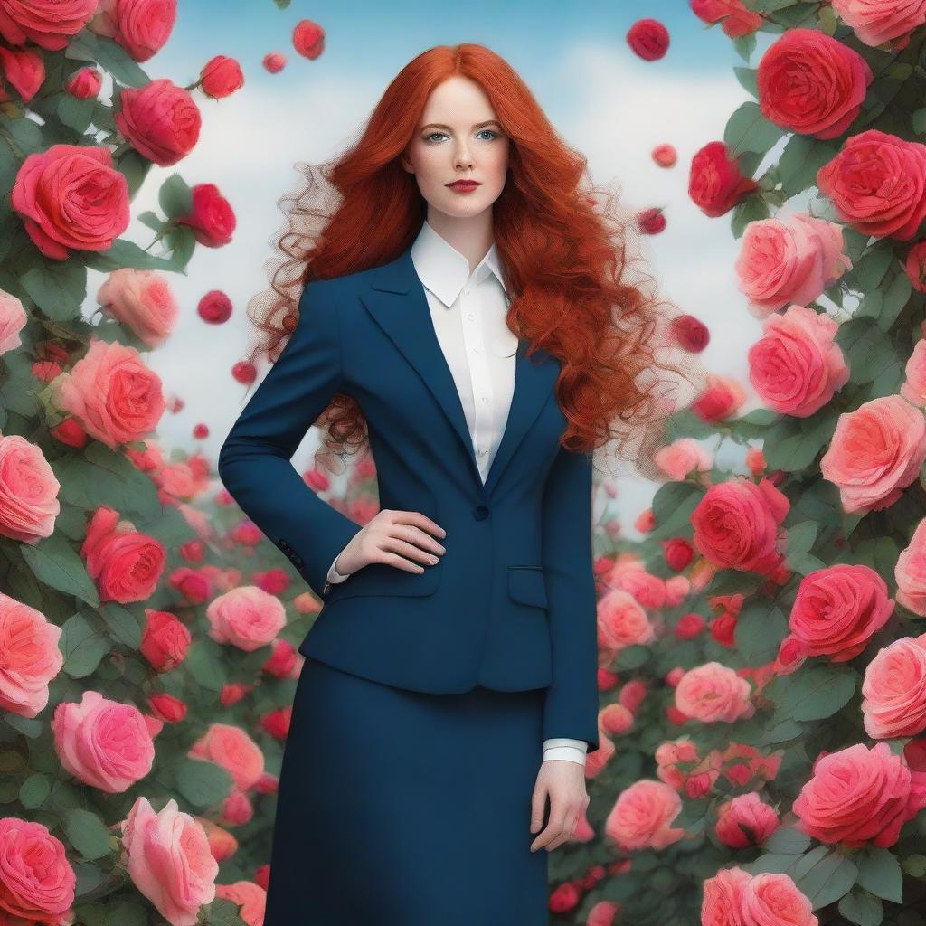 An English lady with long, wavy red hair, dressed in a business outfit, standing in a sea of roses