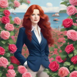 An English lady with long, wavy red hair, dressed in a business outfit, standing in a sea of roses