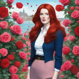 An English lady with long, wavy red hair, dressed in a business outfit, standing in a sea of roses