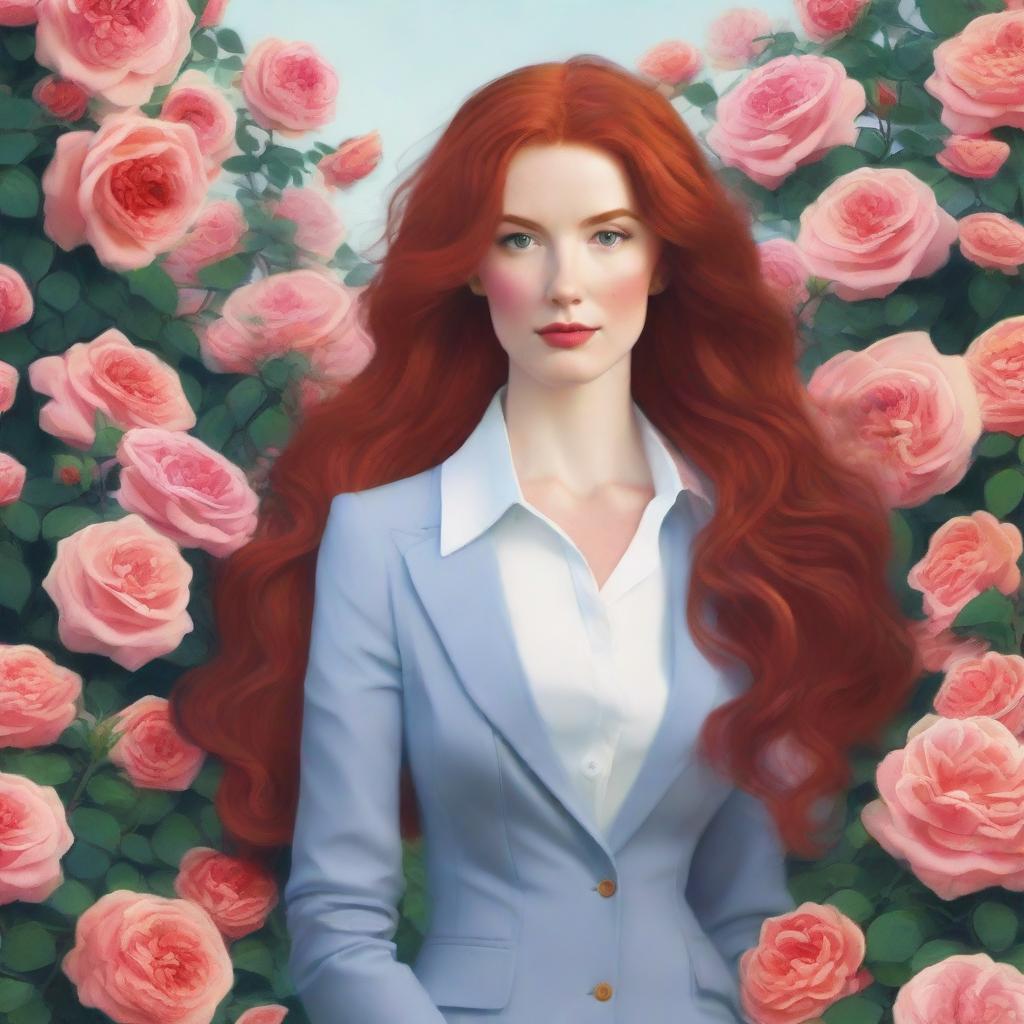 An English lady with long, wavy red hair, dressed in a business outfit, standing in a sea of roses