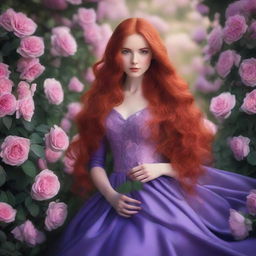 A beautiful young lady with long, wavy red hair, wearing a violet gown, standing in a sea of roses