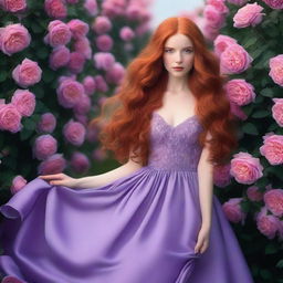 A beautiful young lady with long, wavy red hair, wearing a violet gown, standing in a sea of roses