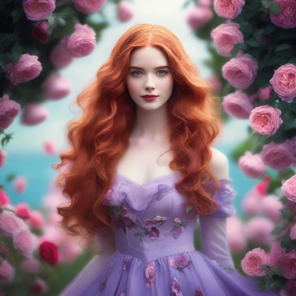 A beautiful young lady with long, wavy red hair, wearing a violet gown, standing in a sea of roses