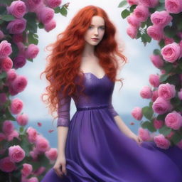 A beautiful young lady with long, wavy red hair, wearing a violet gown, standing in a sea of roses