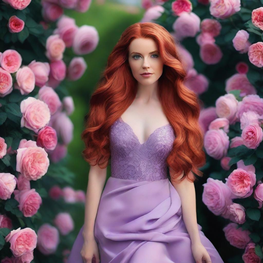 A beautiful young lady in her thirties with long, wavy red hair, wearing a violet gown, standing in a sea of roses