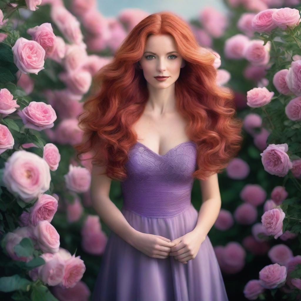 A beautiful young lady in her thirties with long, wavy red hair, wearing a violet gown, standing in a sea of roses