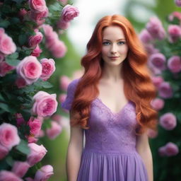 A beautiful young lady in her thirties with long, wavy red hair, wearing a violet gown, standing in a sea of roses